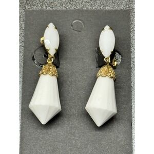 Vintage Lewis Segal California Mod Atomic Milk Glass Dangle Clip Earrings